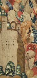 Museu Paroquial das Tapeçarias (Museu Paroquial das Tapeçarias de Pastrana). tapeçaria flamenga. Conquista de Tânger (Tomada de Tânger, De inname van Tanger). Série Conquistas do rei Afonso I de Portugal. Tournai. Lã e seda