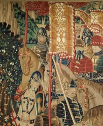 Museu Paroquial das Tapeçarias (Museu Paroquial das Tapeçarias de Pastrana). tapeçaria flamenga. Conquista de Tânger (Tomada de Tânger, De inname van Tanger). Série Conquistas do rei Afonso I de Portugal. Tournai. Lã e seda