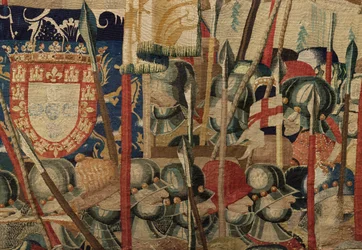 Museu Paroquial de tapeçarias (Museo Parroquial de Tapices de Pastrana). Tapeçaria flamenga. O desembarque em Arzila (De landing in Arzila, Desembarco en Arzila). Série Conquistas do rei Afonso I de Portugal (Conquistas de Alfonso V de Portugal). Tournai. 