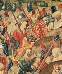 Museu Paroquial das Tapeçarias (Museu Paroquial das Tapeçarias de Pastrana). tapeçaria flamenga. Conquista de Tânger (Tomada de Tânger, De inname van Tanger). Série Conquistas do rei Afonso I de Portugal. Tournai. Detalhe. Lã