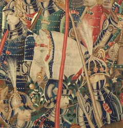 Museu Paroquial das Tapeçarias (Museu Paroquial das Tapeçarias de Pastrana). tapeçaria flamenga. Conquista de Tânger (Tomada de Tânger, De inname van Tanger). Série Conquistas do rei Afonso I de Portugal. Tournai. Lã e seda