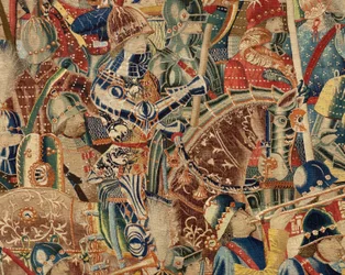 Museu Paroquial de tapeçarias (Museo Parroquial de Tapices de Pastrana). Tapeçaria flamenga. Toma de Arcila (Toma de Arcila, Asalto de Arcila, De inname van Arzila). Série Conquistas do rei Afonso I de Portugal (Conquistas de Alfonso V de Portugal). Tourna