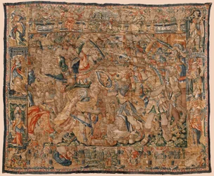 Museu Paroquial das Tapeçarias (Museu Paroquial das Tapeçarias de Pastrana). tapeçaria flamenga. Combate entre Alexandre e Dario e Ipso (Batalha entre Alexandre e Dario em Ipso). Bruxelas. Lã e seda. século 16. 510x419cm.