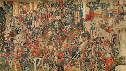 Museu Paroquial das Tapeçarias (Museu Paroquial das Tapeçarias de Pastrana). tapeçaria flamenga. Conquista de Tânger (Tomada de Tânger, De inname van Tanger). Série Conquistas do rei Afonso I de Portugal. Tournai. Lã e seda