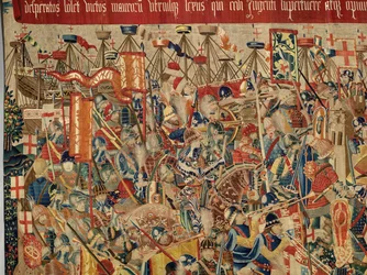 Museu Paroquial de tapeçarias (Museo Parroquial de Tapices de Pastrana). Tapeçaria flamenga. Toma de Arcila (Toma de Arcila, Asalto de Arcila, De inname van Arzila). Série Conquistas do rei Afonso I de Portugal (Conquistas de Alfonso V de Portugal). Tourna