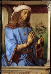 Retrato de Ptolemee (Claudius Ptolemaeus, ca. 90-168), astrônomo grego. Pintura de Pedro Berruguete (ca. 1450- antes de 1504) e Just Of Ghent (1435-1480) Ec. Flam