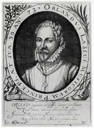 Retrato de Roland de Lassus (1532-94) (gravura) (foto bw)