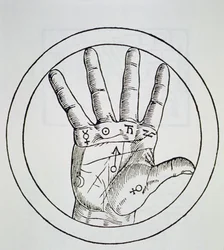 Posição dos Planetas na Mão Direita, cópia de uma ilustração de De Occulta Philosophia Libri III, de Henricus Cornelius Agrippa, Antuérpia, 1533, usada em uma História da Magia, publicada no final do século XIX.
