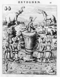 Samudramathana, com a participação de Deva (Surya, Shiva, Vishnu, Brahma) com demónios e montagens. De acordo com Baldaeus Philippus Afgoderye der oost-indische Heydenen. Amsterdã 1672