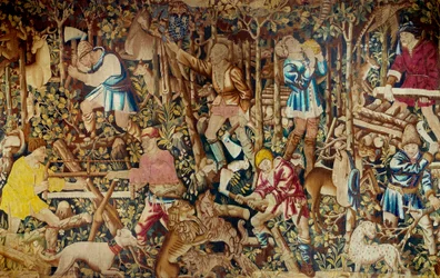 Cenas da colheita e do lenhador. Tapeçaria da Escola Flamenga. Tournai. Paris do século XV, artes decorativas.