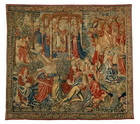 Tapeçaria, Alegoria moral do homem ou a justiça atacando o homem, feita na Flandres, Bélgica, cerca de 1500 (lã e seda)