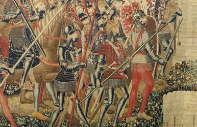 Tapeçaria mostrando as Conquistas de D. Afonso V de Portugal, Tournai. Detalhe. (Lã e seda).