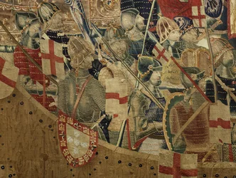 Tapeçaria mostrando as Conquistas de D. Afonso V de Portugal, Tournai. Detalhe. (Lã e seda).
