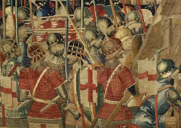 Tapeçaria mostrando as Conquistas de D. Afonso V de Portugal, Tournai. Detalhe. (Lã e seda).
