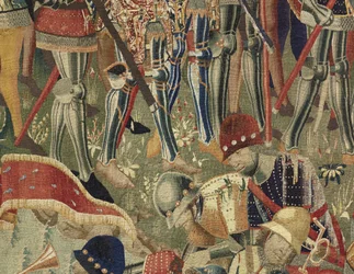 Tapeçaria mostrando as Conquistas de D. Afonso V de Portugal, Tournai. Detalhe. (Lã e seda).