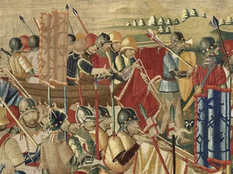 Tapeçaria mostrando as Conquistas de D. Afonso V de Portugal, Tournai. Detalhe. (Lã e seda).