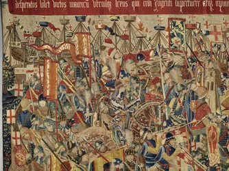 Tapeçaria mostrando as Conquistas de D. Afonso V de Portugal, Tournai. Detalhe. (Lã e seda).