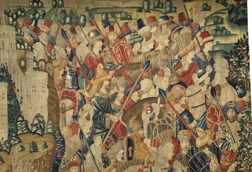Tapeçaria mostrando as Conquistas de D. Afonso V de Portugal, Tournai. Detalhe. (Lã e seda).