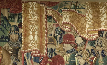 Tapeçaria mostrando as Conquistas de D. Afonso V de Portugal, Tournai. Detalhe. (Lã e seda).