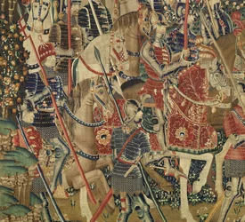 Tapeçaria mostrando as Conquistas de D. Afonso V de Portugal, Tournai. Detalhe. (Lã e seda).