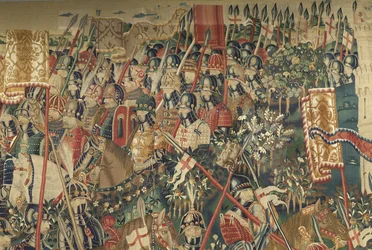 Tapeçaria mostrando as Conquistas de D. Afonso V de Portugal, Tournai. Detalhe. (Lã e seda).
