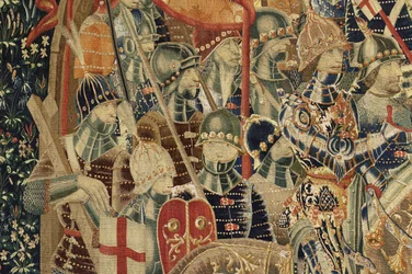 Tapeçaria mostrando as Conquistas de D. Afonso V de Portugal, Tournai. Detalhe. (Lã e seda).