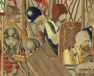 Tapeçaria mostrando as Conquistas de D. Afonso V de Portugal, Tournai. Detalhe. (Lã e seda).