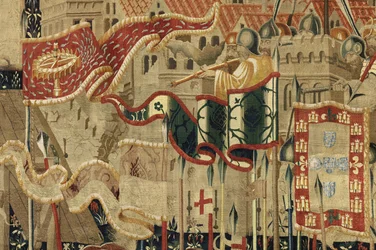 Tapeçaria mostrando as Conquistas de D. Afonso V de Portugal, Tournai. Detalhe. (Lã e seda).