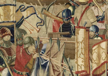 Tapeçaria mostrando as Conquistas do rei Alfonso V de Portugal (Conquistas de Alfonso V de Portugal), Tournai. Detalhe. (Lã e seda)