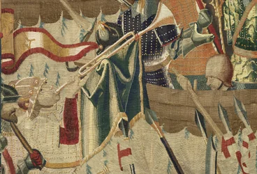 Tapeçaria mostrando as Conquistas do rei Alfonso V de Portugal (Conquistas de Alfonso V de Portugal), Tournai. Detalhe. (Lã e seda)