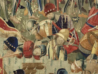 Tapeçaria mostrando as Conquistas do rei Alfonso V de Portugal (Conquistas de Alfonso V de Portugal), Tournai. Detalhe. (Lã e seda)