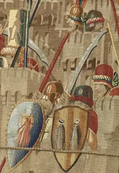 Tapeçaria mostrando as Conquistas do rei Alfonso V de Portugal (Conquistas de Alfonso V de Portugal), Tournai. Detalhe. (Lã e seda)