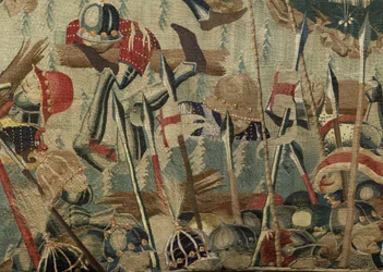 Tapeçaria mostrando as Conquistas do rei Alfonso V de Portugal (Conquistas de Alfonso V de Portugal), Tournai. Detalhe. (Lã e seda)