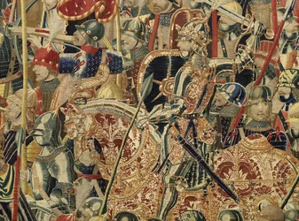 Tapeçaria mostrando as Conquistas do rei Alfonso V de Portugal (Conquistas de Alfonso V de Portugal), Tournai. Detalhe. (Lã e seda)