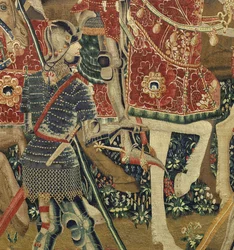 Tapeçaria mostrando as Conquistas do rei Alfonso V de Portugal (Conquistas de Alfonso V de Portugal), Tournai. Detalhe. (Lã e seda)