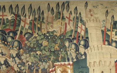 Tapeçaria mostrando as Conquistas do rei Alfonso V de Portugal (Conquistas de Alfonso V de Portugal), Tournai. Detalhe. (Lã e seda)
