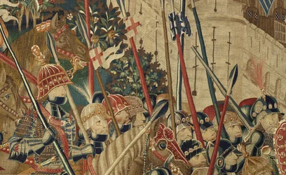 Tapeçaria mostrando as Conquistas do rei Alfonso V de Portugal (Conquistas de Alfonso V de Portugal), Tournai. Detalhe. (Lã e seda)