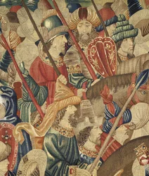 Tapeçaria mostrando as Conquistas do rei Alfonso V de Portugal (Conquistas de Alfonso V de Portugal), Tournai. Detalhe. (Lã e seda)