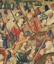 Tapeçaria mostrando as Conquistas do rei Alfonso V de Portugal (Conquistas de Alfonso V de Portugal), Tournai. Detalhe. (Lã e seda)