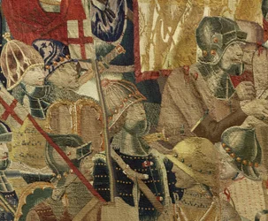 Tapeçaria mostrando as Conquistas do rei Alfonso V de Portugal (Conquistas de Alfonso V de Portugal), Tournai. Detalhe. (Lã e seda)