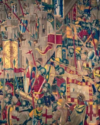 Tapeçaria mostrando as Conquistas de D. Afonso V de Portugal, Tournai. Detalhe. (Lã e seda)