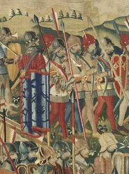 Tapeçaria mostrando as Conquistas de D. Afonso V de Portugal, Tournai. Detalhe. (Lã e seda).
