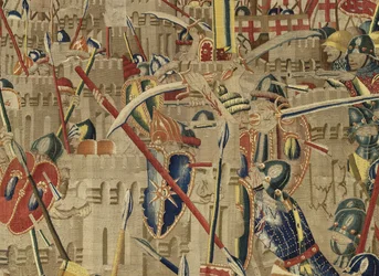 Tapeçaria mostrando as Conquistas de D. Afonso V de Portugal, Tournai. Detalhe. (Lã e seda).