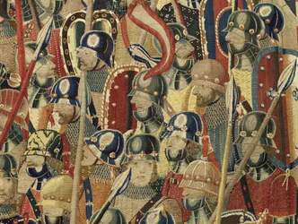 Tapeçaria mostrando as Conquistas de D. Afonso V de Portugal, Tournai. Detalhe. (Lã e seda).