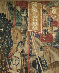 Tapeçaria mostrando as Conquistas de D. Afonso V de Portugal, Tournai. Detalhe. (Lã e seda).