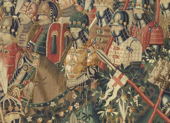 Tapeçaria mostrando as Conquistas de D. Afonso V de Portugal, Tournai. Detalhe. (Lã e seda).