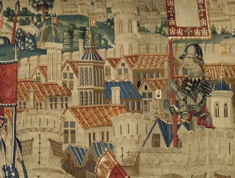 Tapeçaria mostrando as Conquistas de D. Afonso V de Portugal, Tournai. Detalhe. (Lã e seda).