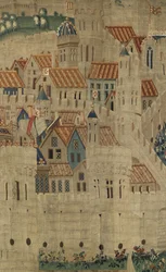 Tapeçaria mostrando as Conquistas de D. Afonso V de Portugal, Tournai. Detalhe. (Lã e seda).
