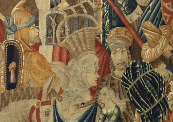 Tapeçaria mostrando as Conquistas de D. Afonso V de Portugal, Tournai. Detalhe. (Lã e seda).