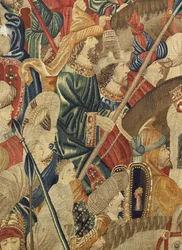 Tapeçaria mostrando as Conquistas de D. Afonso V de Portugal, Tournai. Detalhe. (Lã e seda).